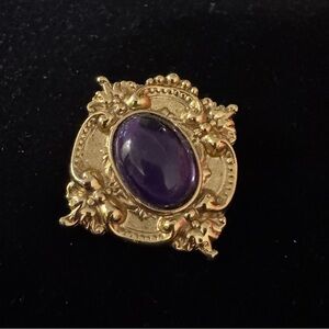 Victorian Renaissance Medieval Style Gothic Gold Purple Cabochon Brooch Regency